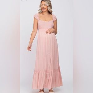 Pink Blush Pink Dotted Smocked Square Neck Criss Cross Back Maternity Maxi